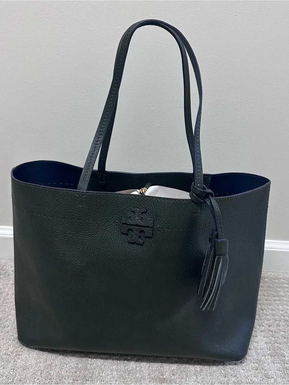 Tory Burch McGraw Olive Pebbled Leather Tote with Tassel